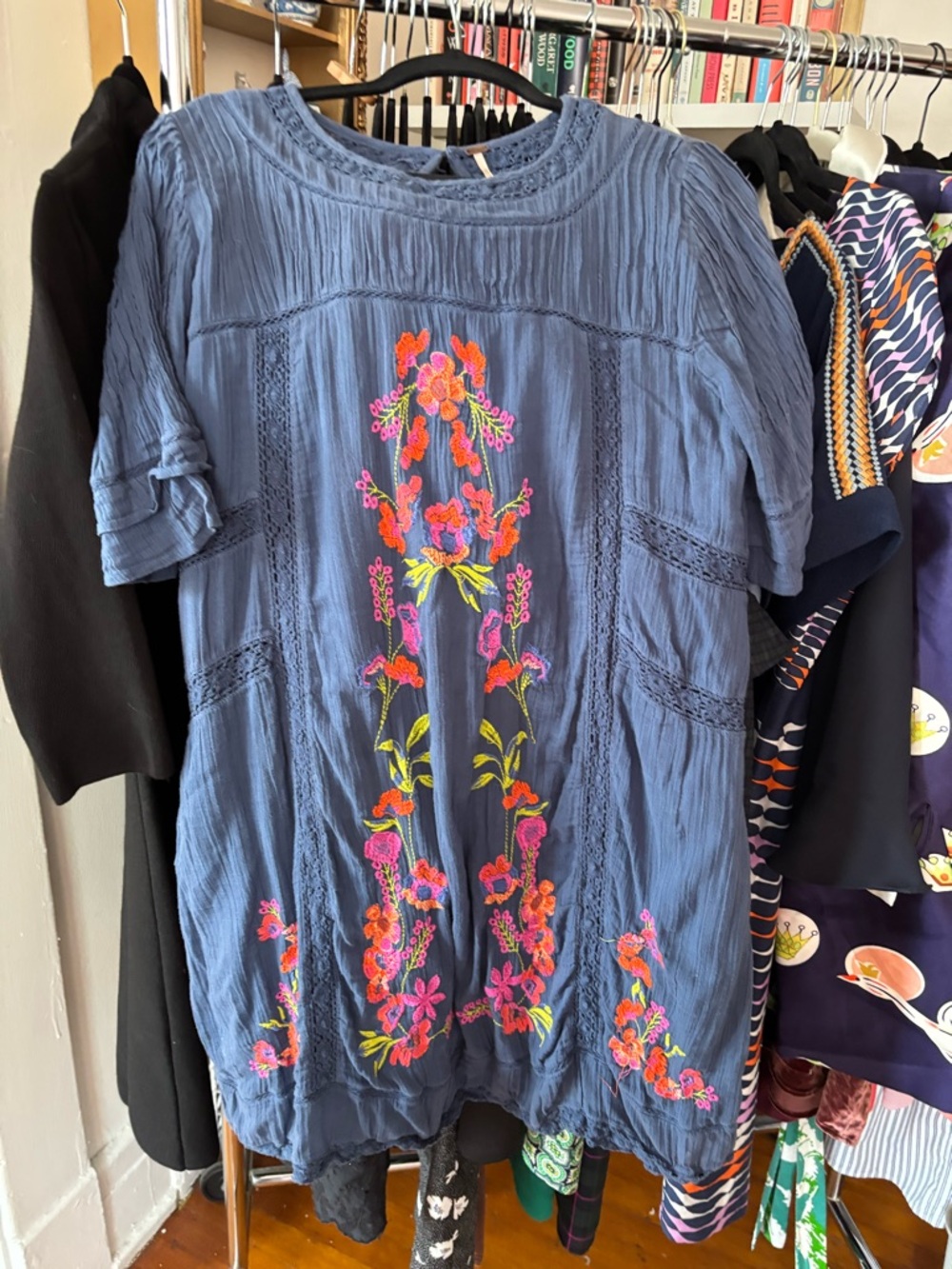 Free People Navy Blue Embroidered Floral Tunic